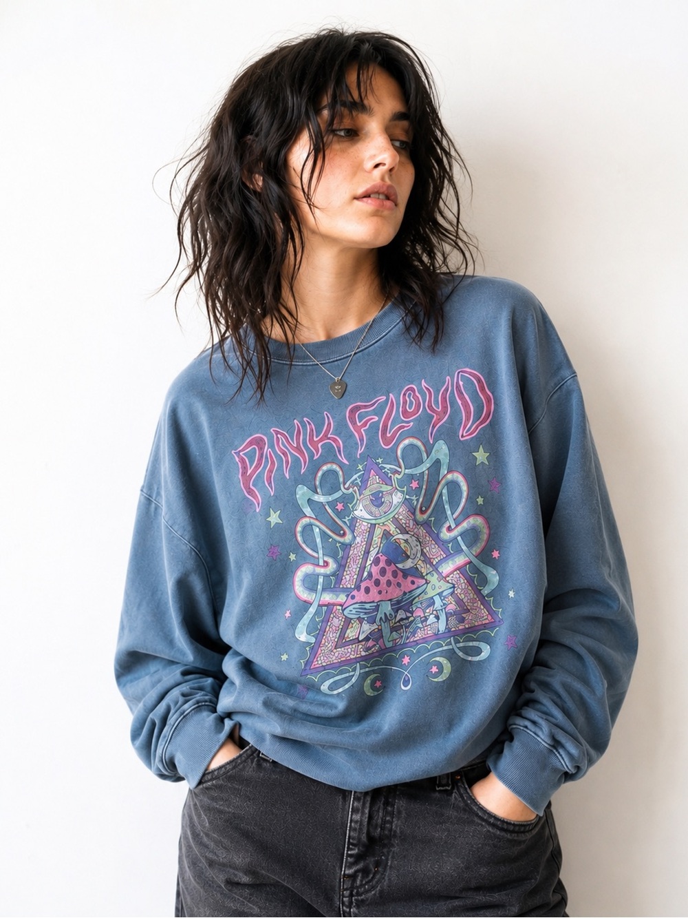Oversized Pink Floyd Blue Graphic Mushroom Crewneck Sweatshirt